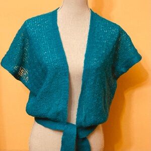 Vtg Teal Knit Sweater Shrug Tie Waist